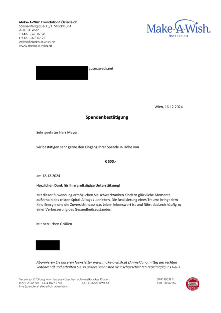 Spendenbestätigung Make-A-Wish Foundation